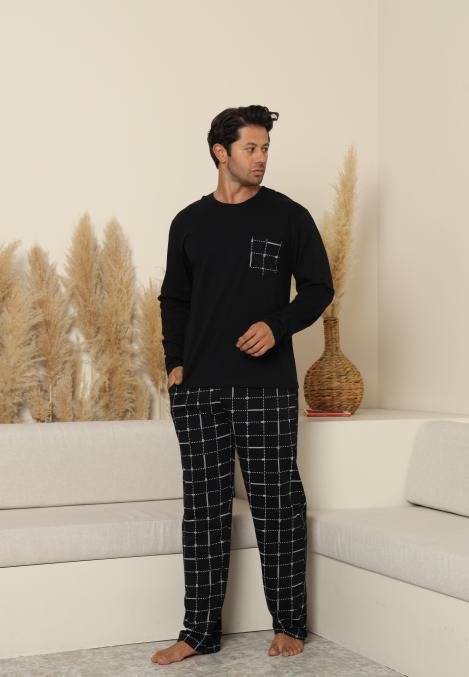 Pijama Barbati ,Maneca si Pantaloni Lungi,Culoare Negru cu Alb,Engros